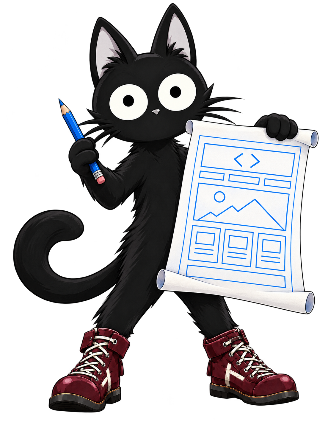 青い設計図と鉛筆を持つ、赤いブーツの黒猫コタ